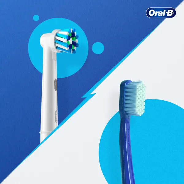 Electric versus manual: a round electric head and a manual brush split by a lightning bolt.