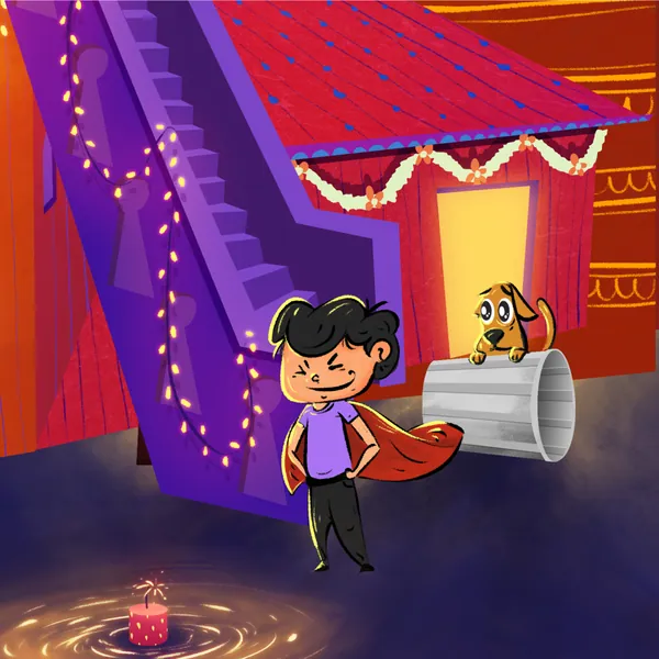 Rasnaful Deepavali grid: a boy on the stairs, the last of 12 posts.