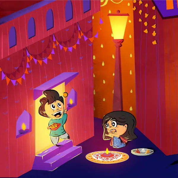 Rasnaful Deepavali grid: rangoli and diyas at the front door.