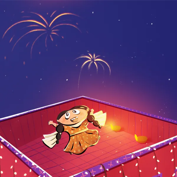 Rasnaful Deepavali grid: a girl lights diyas on the terrace.