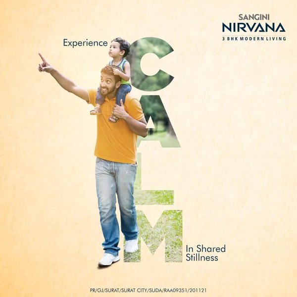 Father carries his child on his shoulders beside park-filled letters, 'Experience calm in shared stillness'.