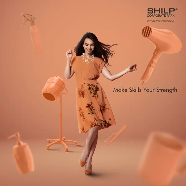 Office and showroom ad: a dancing woman amid floating peach salon tools, 'Make skills your strength'.