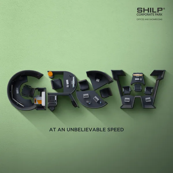 Top-down office furniture forms the word 'grow' on sage green, 'at an unbelievable speed'.