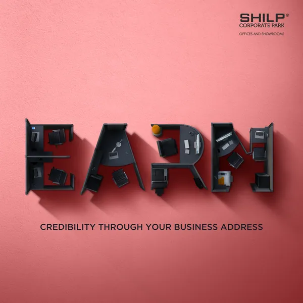 Office cubicles seen from above spell 'earn' on a pink wall, 'credibility through your business address'.