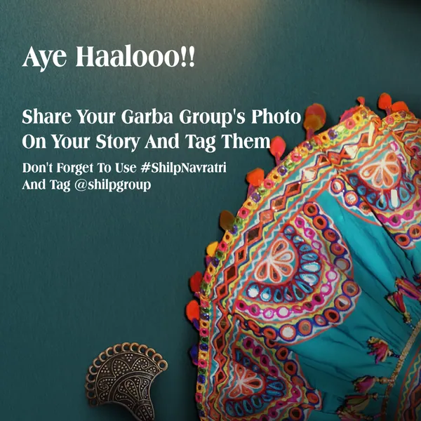 Garba contest grid, piece 1: a mirror-work chaniya with tassels, 'Aye haalooo!!'.