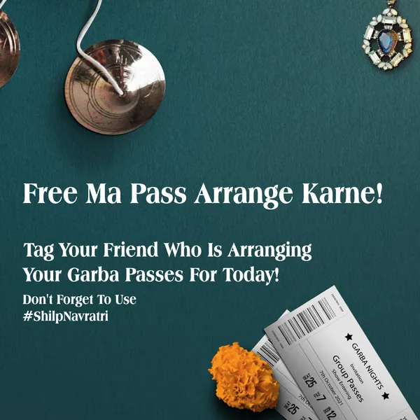 Garba contest grid, piece 2: manjira cymbals and garba passes, 'Free ma pass arrange karne!'.