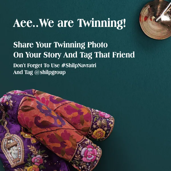 Garba contest grid, piece 3: embroidered blouse sleeves on teal, 'Aee..we are twinning!'.
