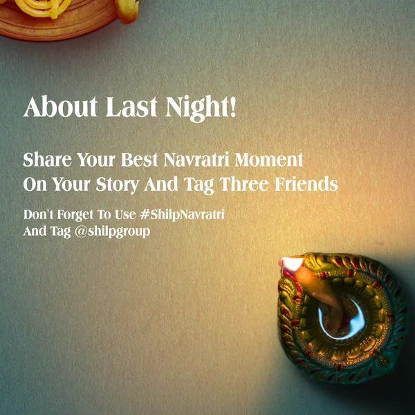 Garba contest grid, piece 4: a glowing clay diya, 'About last night!'.
