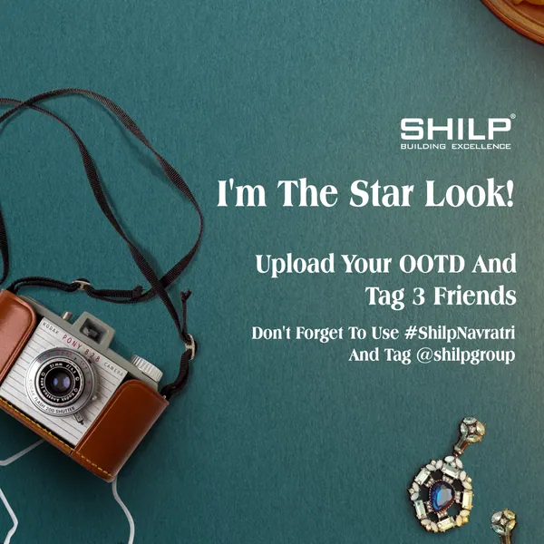 Garba contest grid, piece 5: vintage camera, earrings and the Shilp logo, 'I'm the star look!'.