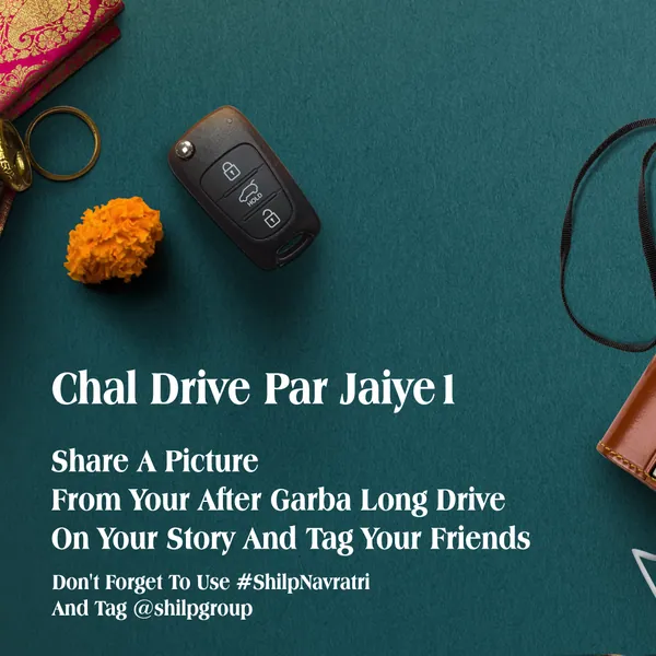 Garba contest grid, piece 6: car keys and a marigold, 'Chal drive par jaiye'.