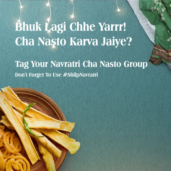 Garba contest grid, piece 7: a plate of fafda and jalebi, 'Bhuk lagi chhe yarrr!'.