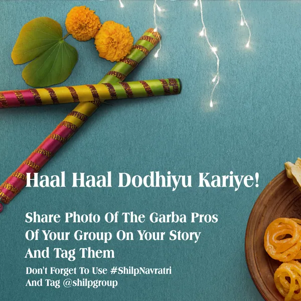 Garba contest grid, piece 8: crossed dandiya sticks and marigolds, 'Haal haal dodhiyu kariye!'.