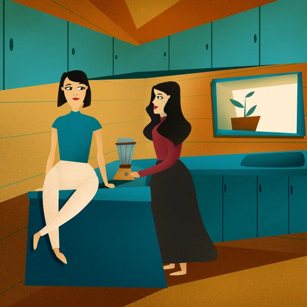 Mid-century style illustration of two women chatting in a teal kitchen beside a blender.