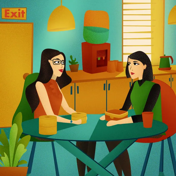 Office talks illustration: two colleagues share tiffin boxes at a pantry table.