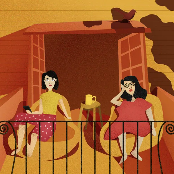 Retro illustration of two friends lounging on a balcony, a bird perched above them.
