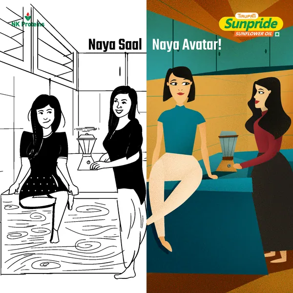 Split kitchen scene from pencil sketch to full colour, 'Naya saal naya avatar!'.