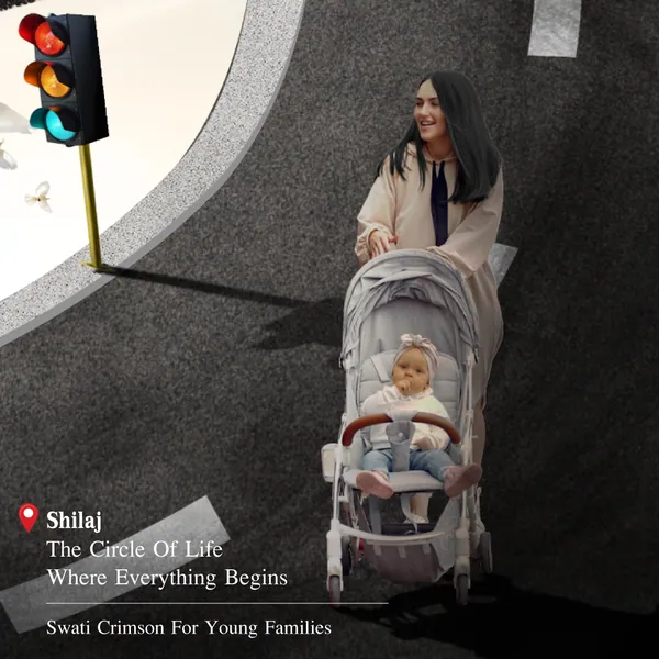 Shilaj Circle grid, piece 1: a mother with a pram at a signal, 'where everything begins'.