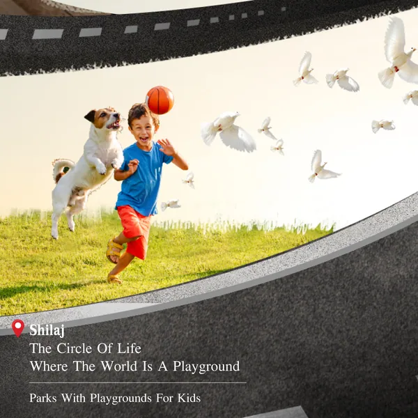 Shilaj Circle grid, piece 2: a boy and dog play, 'where the world is a playground'.