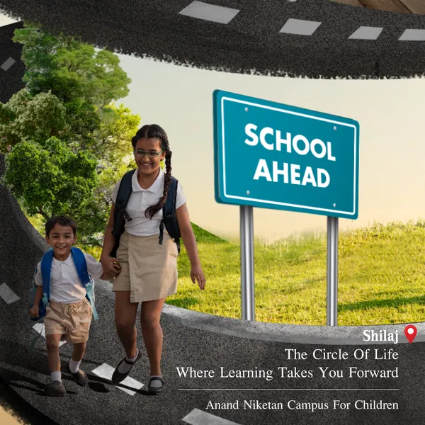 Shilaj Circle grid, piece 3: schoolchildren by a road sign, 'where learning takes you forward'.