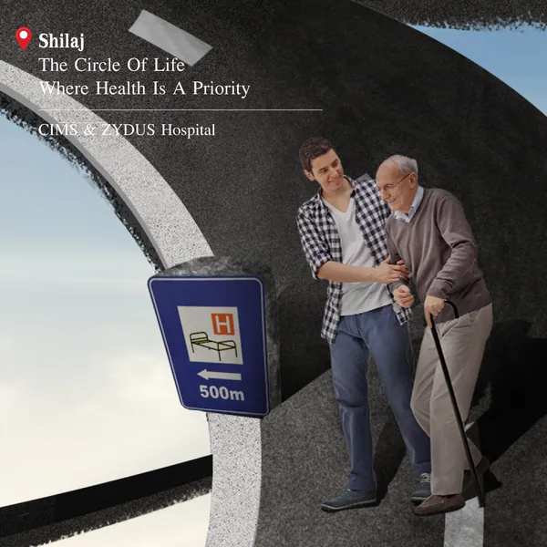 Shilaj Circle grid, piece 4: escorting an elderly man to hospital, 'where health is a priority'.