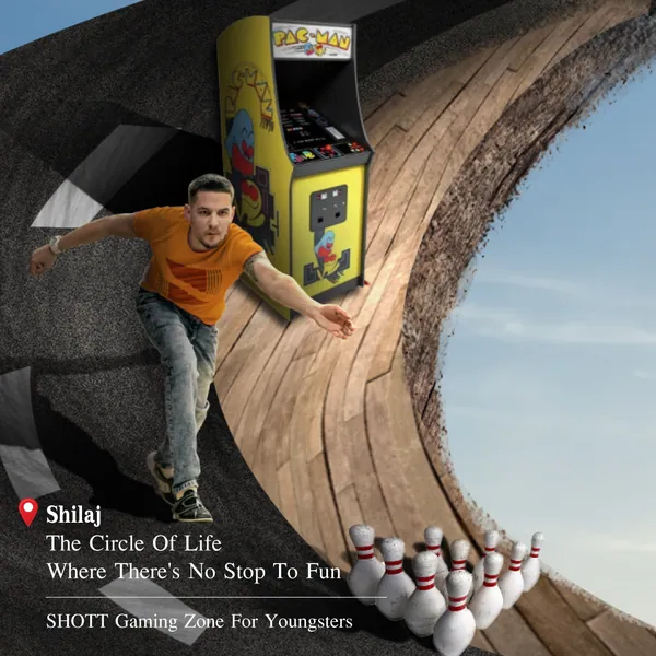 Shilaj Circle grid, piece 6: bowling by an arcade machine, 'where there's no stop to fun'.