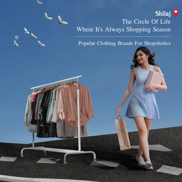 Shilaj Circle grid, piece 8: a shopper beside a clothes rack, 'where it's always shopping season'.