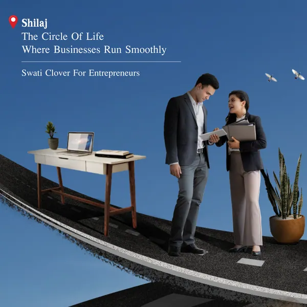 Shilaj Circle grid, piece 9: colleagues at a roadside desk, 'where businesses run smoothly'.