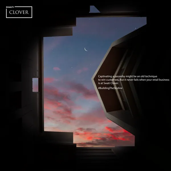 CLOVER grid, letter C: a sunset sky cut out between towers.