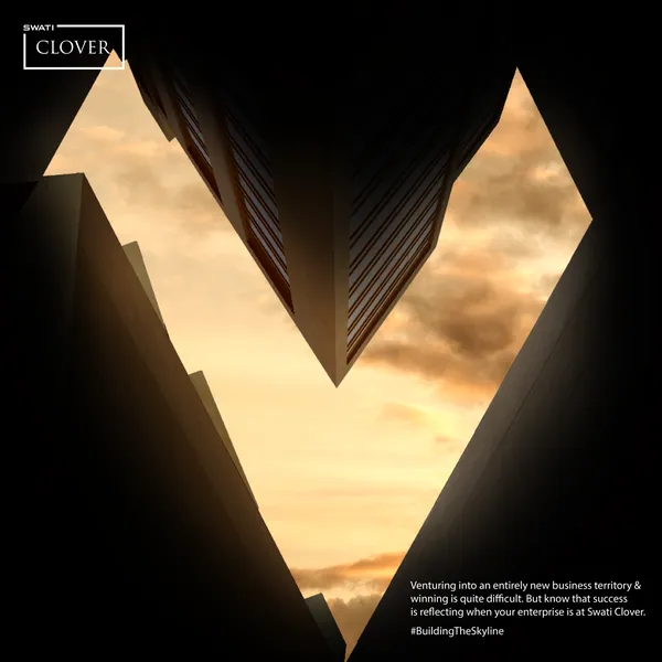 CLOVER grid, letter V: a warm sky between two towers.
