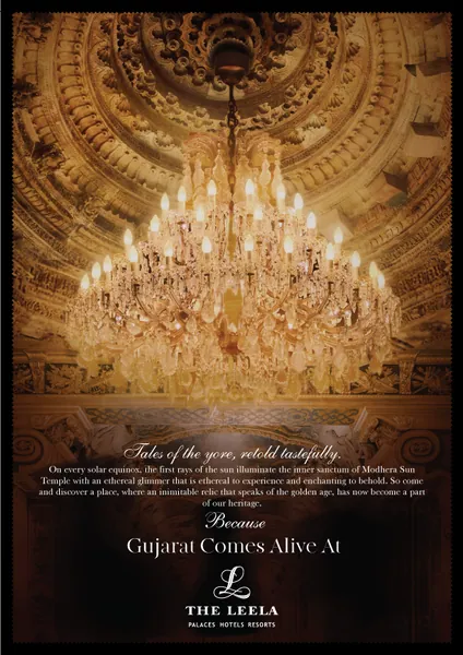 Heritage print ad: a grand chandelier, 'Gujarat comes alive at The Leela'.