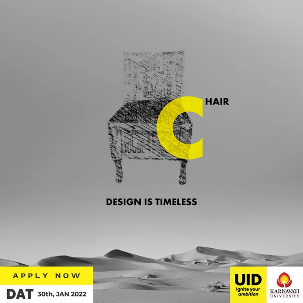 Design is timeless, part three: a pencil-sketched chair with a yellow C, set over desert dunes.