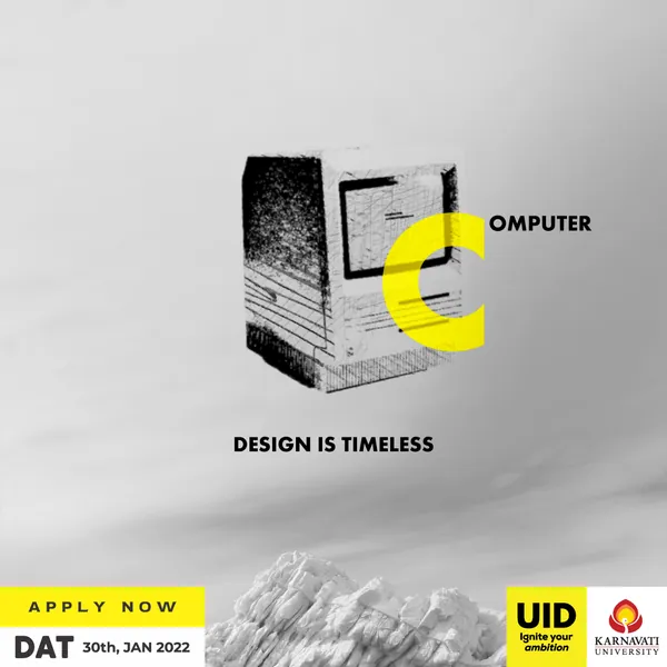 The fifth DAT post: a sketched vintage computer with a yellow C, over snowy peaks.
