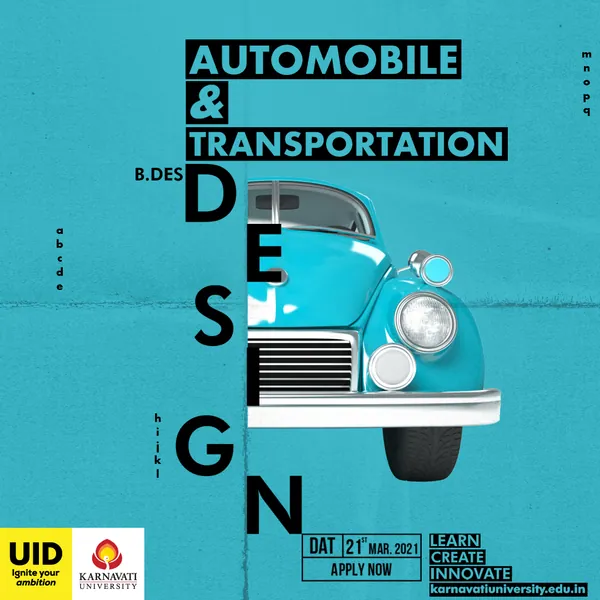 DESIGN runs down a teal page, with a vintage car for Automobile Design.