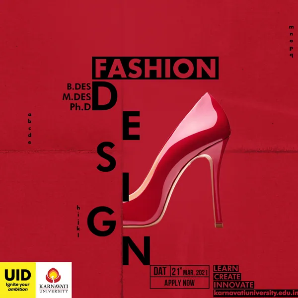DESIGN runs down a red page, with a stiletto for Fashion Design.