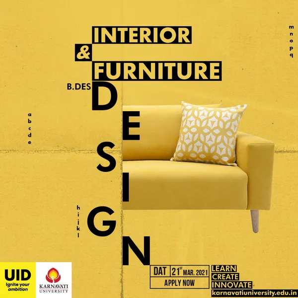 DESIGN runs down a yellow page, with an armchair for Interior & Furniture Design.
