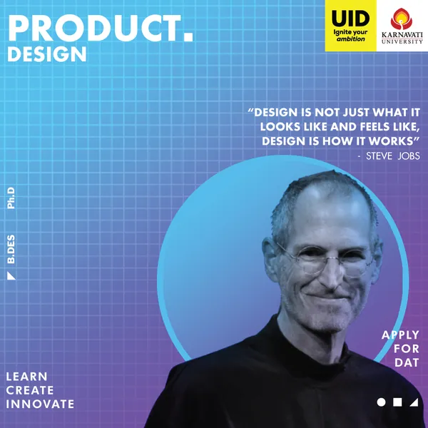 Product Design: a portrait and quote from Steve Jobs.