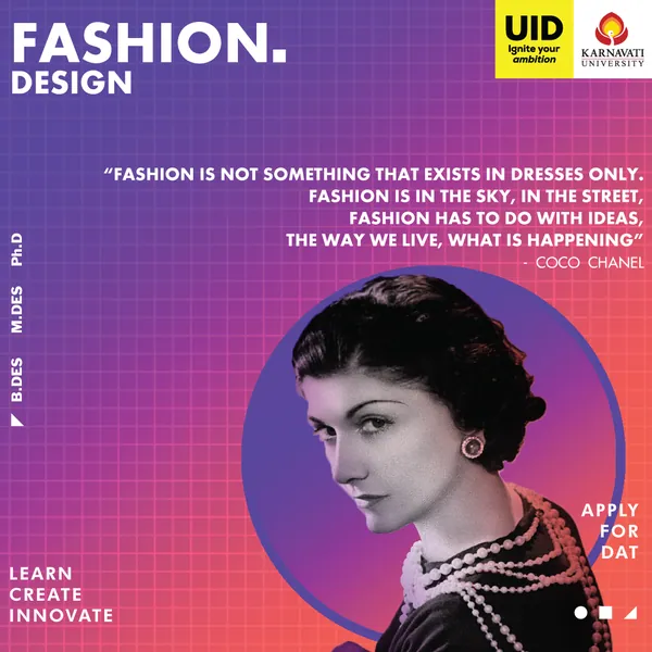 Fashion Design: a portrait and quote from Coco Chanel.