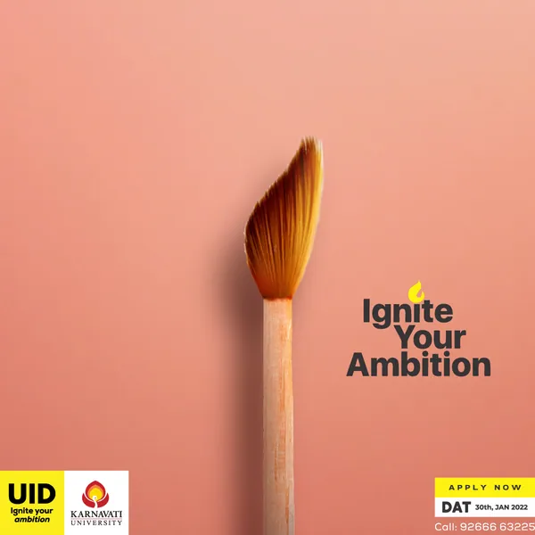 Paintbrush bristles curl into a flame on coral, beside the line 'Ignite Your Ambition'.