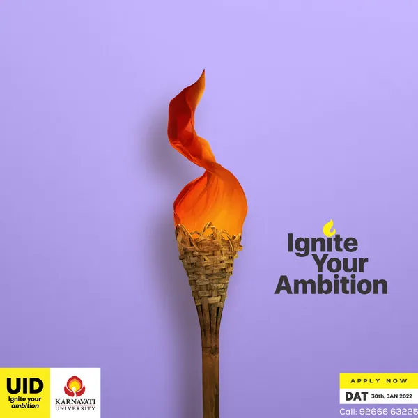 A woven torch carries a crumpled orange flame on lilac, part two of 'Ignite Your Ambition'.