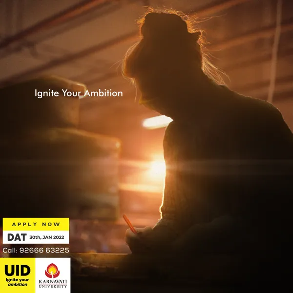 Part one: a woman sketches in a warm, hazy workshop, silhouetted beside 'Ignite Your Ambition'.